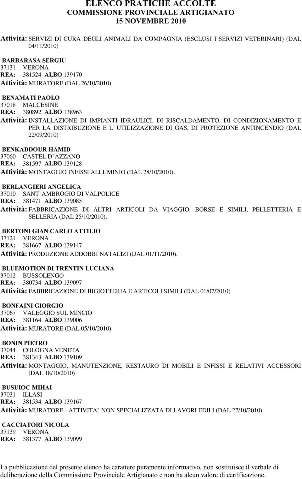 ANTINCENDIO (DAL 22/09/2010) %(1.$''285+$0,' 37060 CASTEL D AZZANO 5($ 381597 $/%2 139128 $WWLYLWj MONTAGGIO INFISSI ALLUMINIO (DAL 28/10/2010).