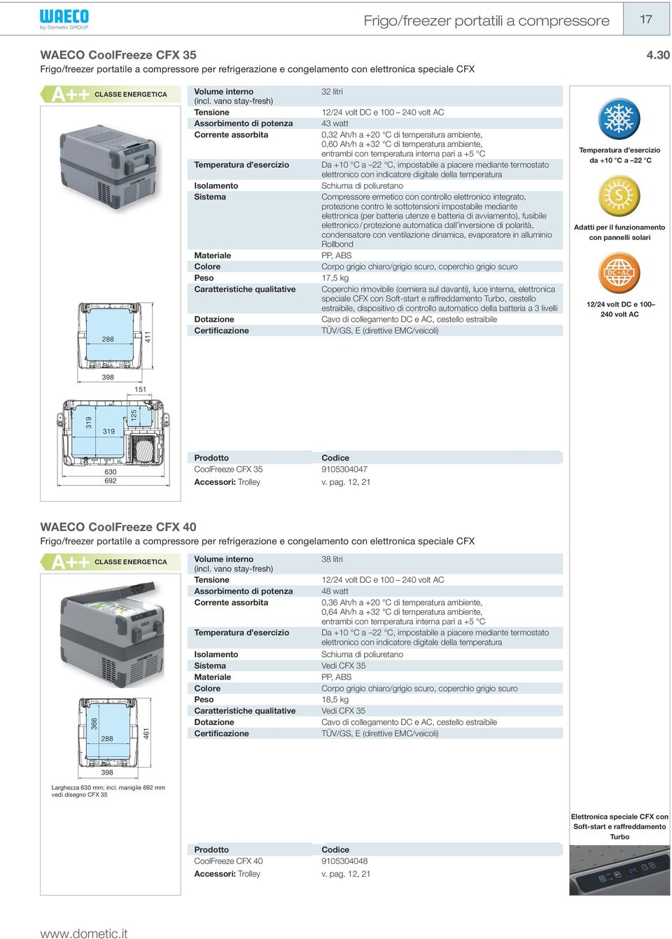 vano stay-fresh) Assorbimento di potenza Corrente assorbita Caratteristiche qualitative Dotazione 319 mm 319 mm 151 mm 125 mm 32 litri 12/24 volt DC e 100 240 volt AC 43 watt 0,32 Ah/h a +20 C di