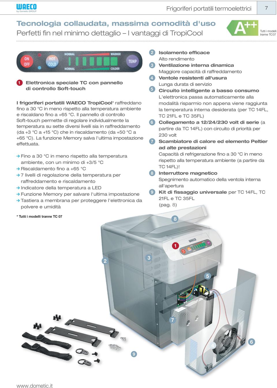 Il pannello di controllo Soft-touch permette di regolare individualmente la temperatura su sette diversi livelli sia in raffreddamento (da +3 C a +15 C) che in riscaldamento (da +50 C a +65 C).