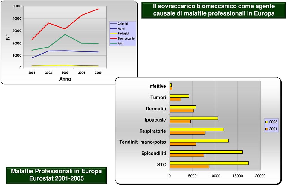 2005 Anno Infettive Tumori Dermatiti Ipoacusie Respiratorie 2005 2001 Malattie Professionali in