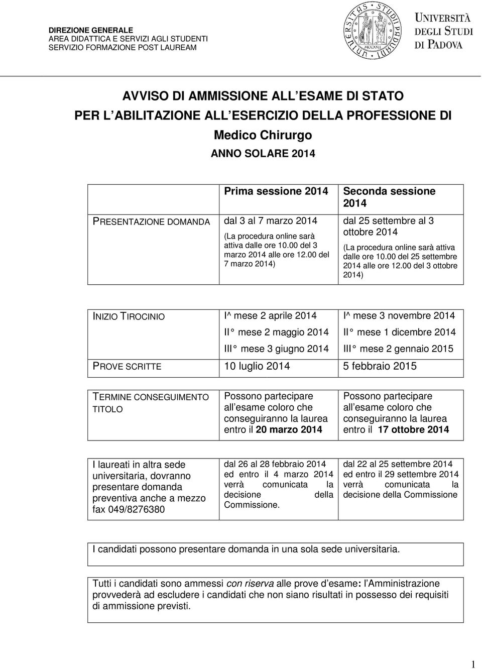 00 del 7 marzo 2014) Seconda sessione 2014 dal 25 settembre al 3 ottobre 2014 (La procedura online sarà attiva dalle ore 10.00 del 25 settembre 2014 alle ore 12.