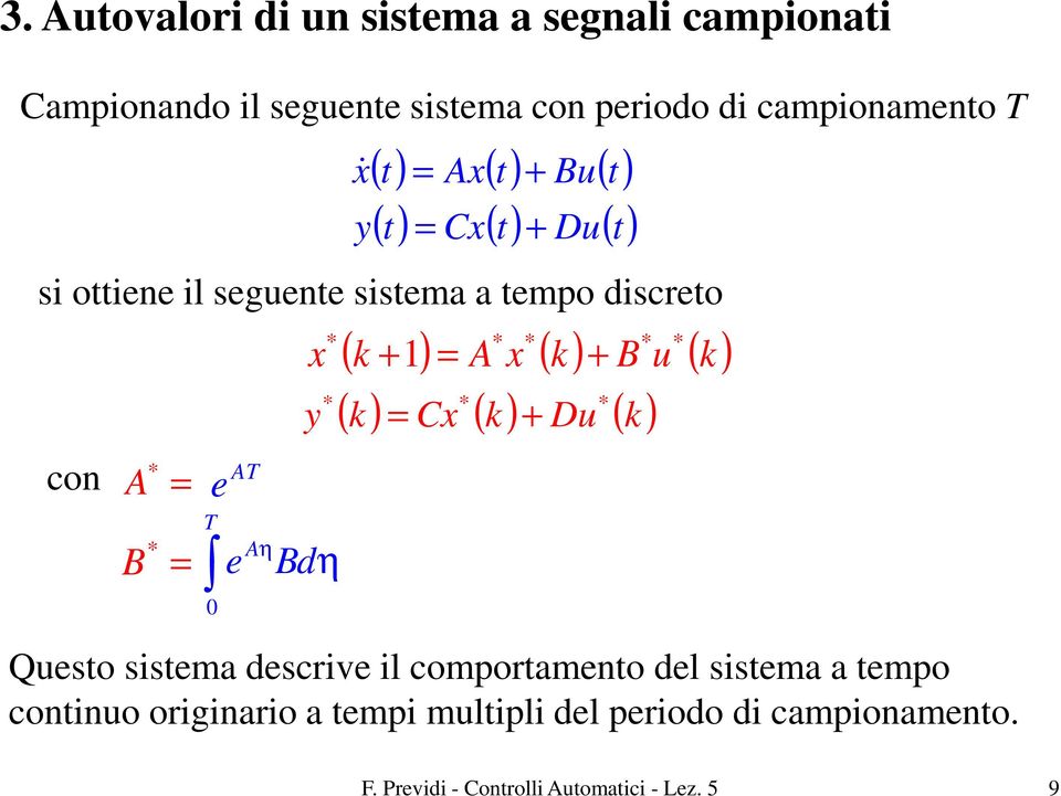 ( k +) x ( k) + B u ( k) ( k) Cx ( k) + Du ( k) Qusto sistma dscriv il comportamnto dl sistma a tmpo