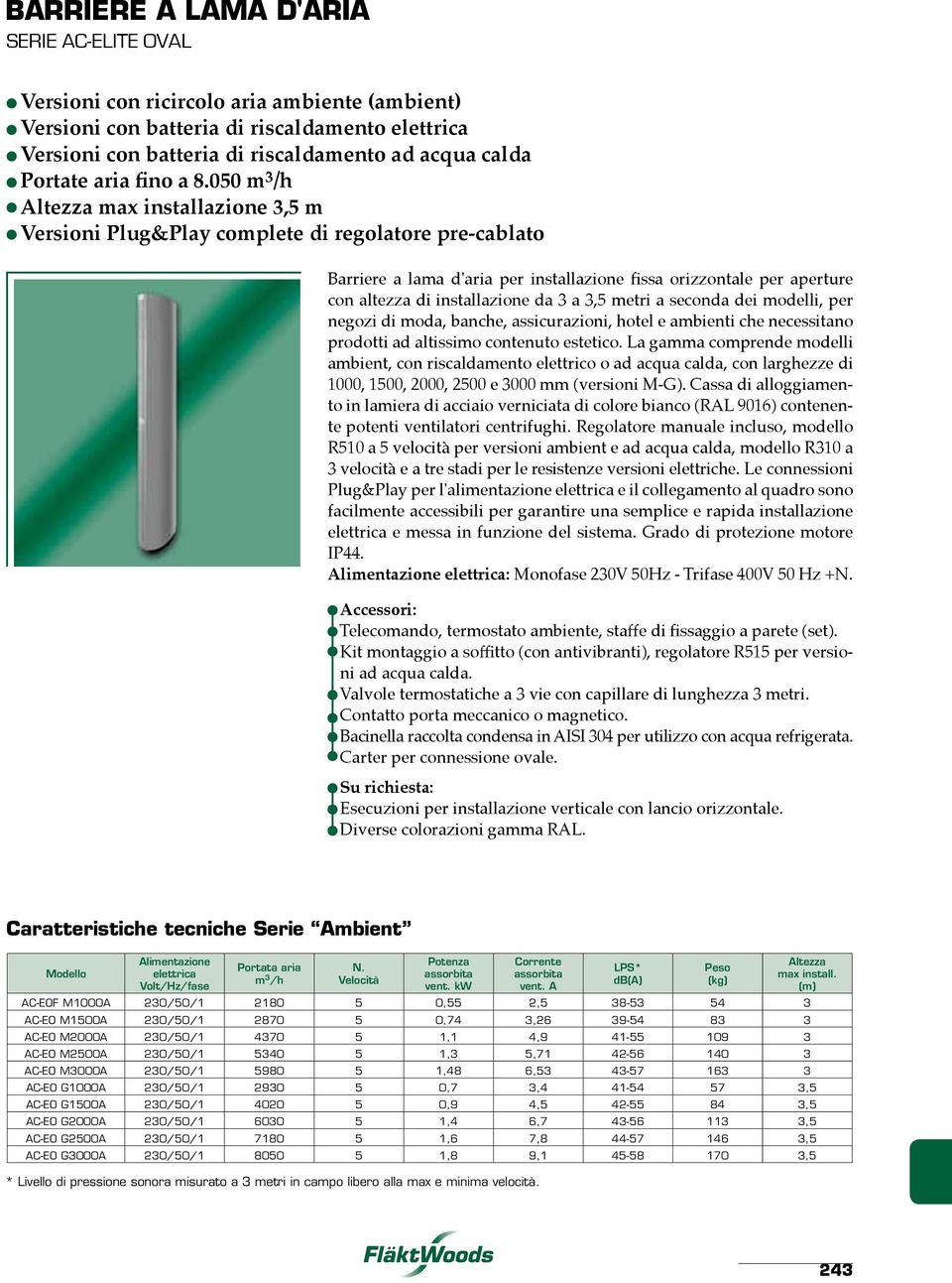 050 max installazione 3,5 m Versioni Plug&Play complete di regolatore pre-cablato Barriere a lama d'aria per installazione fissa orizzontale per aperture con altezza di installazione da 3 a 3,5 metri