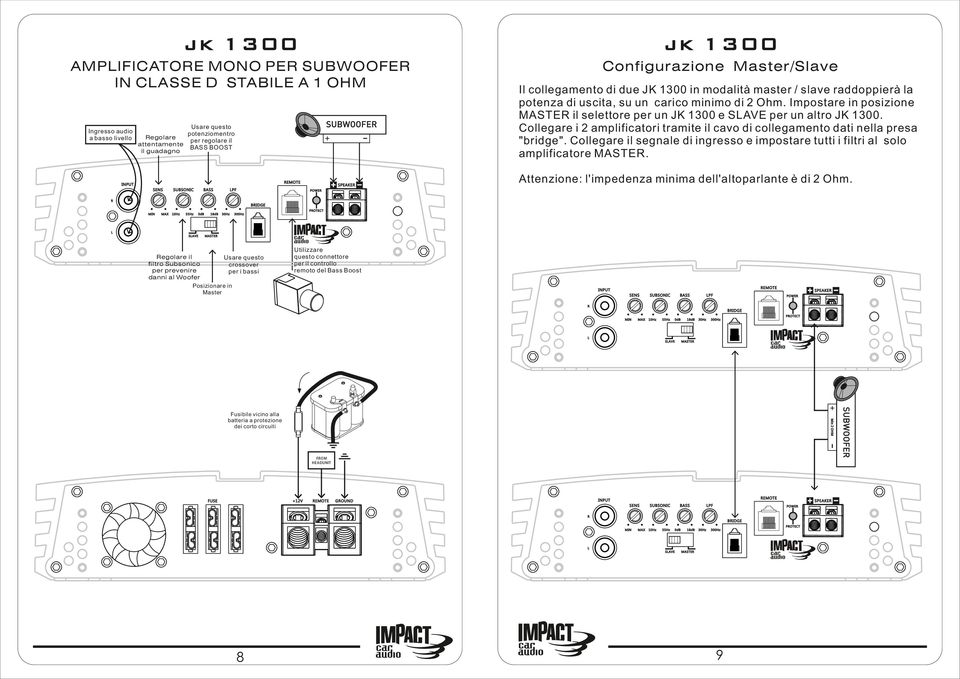 Impostare in posizione MASTE il selettore per un JK 1300 e SAVE per un altro JK 1300. Collegare i 2 amplificatori tramite il cavo di collegamento dati nella presa "bridge".