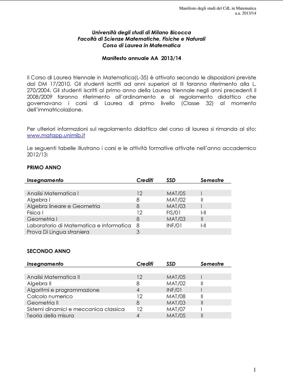 Gli studenti iscritti al primo anno della Laurea triennale negli anni precedenti il 2008/2009 faranno riferimento all ordinamento e al regolamento didattico che governavano i corsi di Laurea di primo