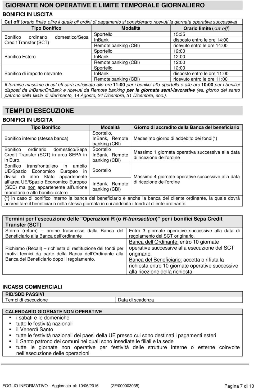 Sportello 12:00 Bonifico Estero InBank 12:00 Remote banking (CBI) 12:00 Sportello 12:00 Bonifico di importo rilevante InBank disposto entro le ore 11:00 Remote banking (CBI) ricevuto entro le ore