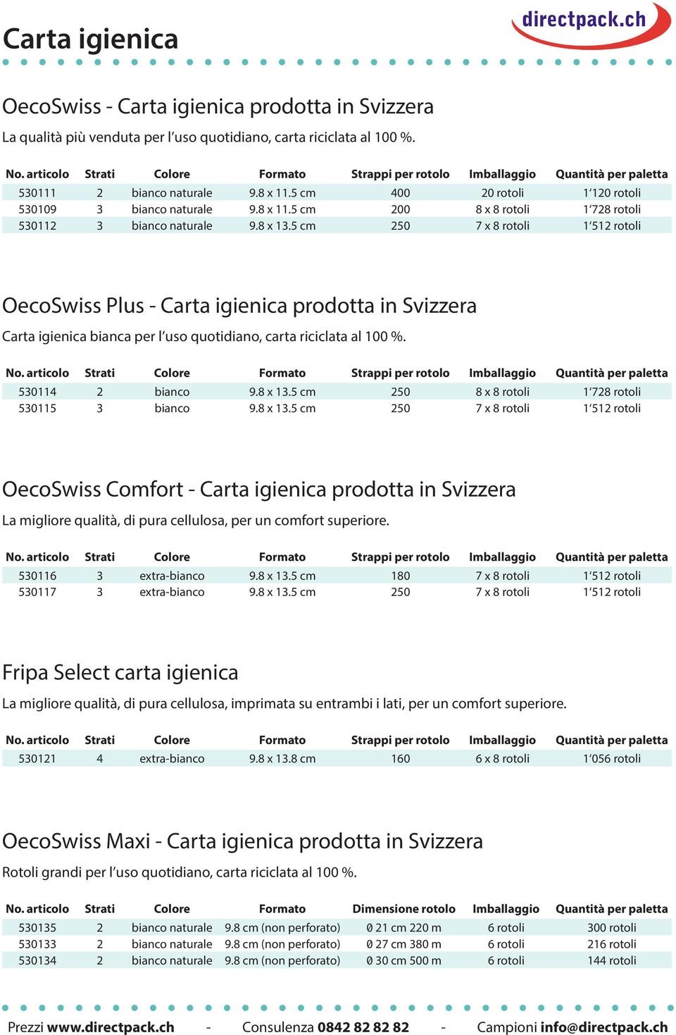 5 cm 250 7 x 8 rotoli 1 512 rotoli OecoSwiss Plus - Carta igienica prodotta in Svizzera Carta igienica bianca per l uso quotidiano, carta riciclata al 100 %. 530114 2 bianco 9.8 x 13.