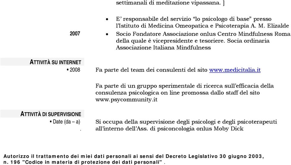 Socia ordinaria Associazione Italiana Mindfulness ATTIVITÀ SU INTERNET 2008 Fa parte del team dei consulenti del sito www.medicitalia.