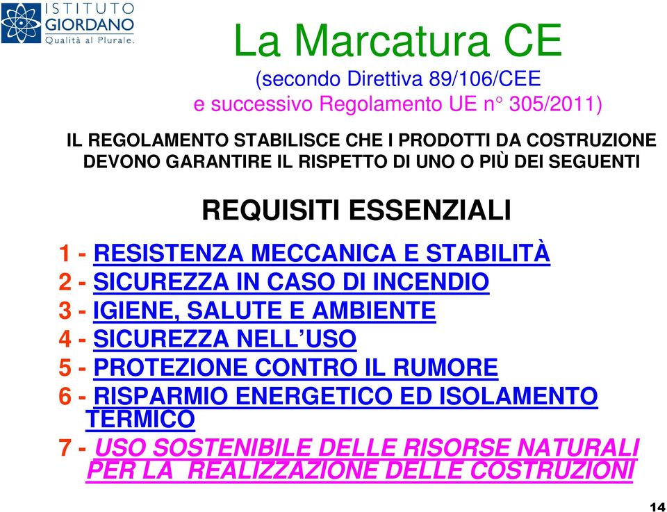 STABILITÀ 2 - SICUREZZA IN CASO DI INCENDIO 3 - IGIENE, SALUTE E AMBIENTE 4 - SICUREZZA NELL USO 5 - PROTEZIONE CONTRO IL