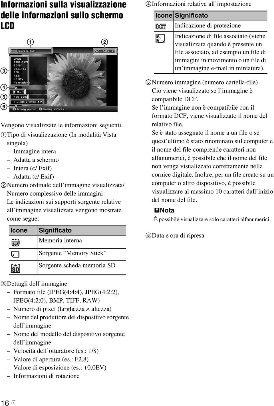 Le indicazioni sui supporti sorgente relative all immagine visualizzata vengono mostrate come segue: Icone Significato Memoria interna 4Informazioni relative all impostazione Icone Significato