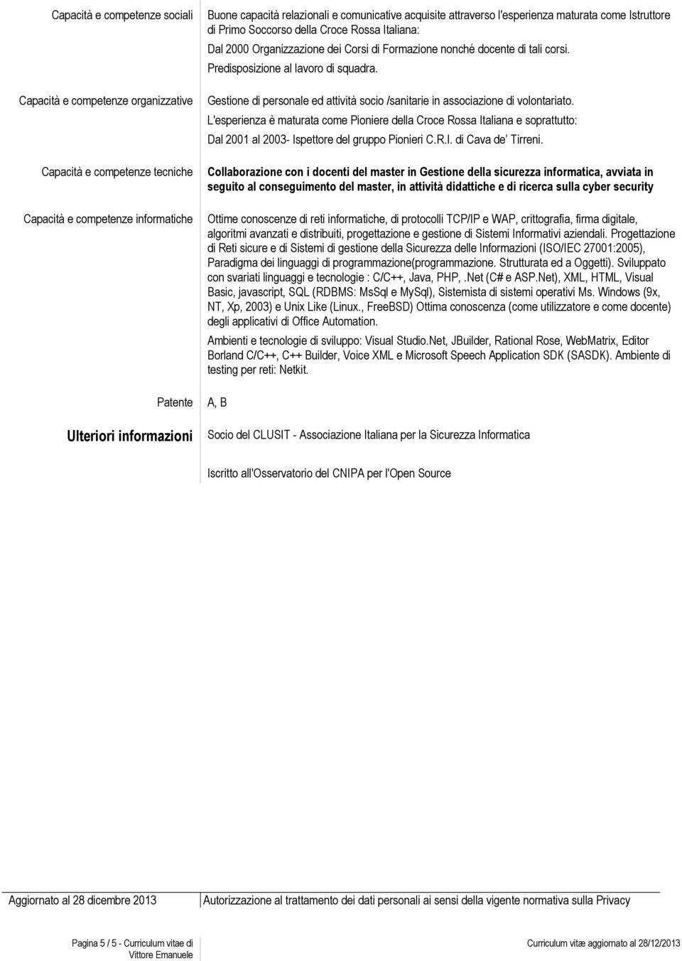 Predisposizione al lavoro di squadra. Gestione di personale ed attività socio /sanitarie in associazione di volontariato.