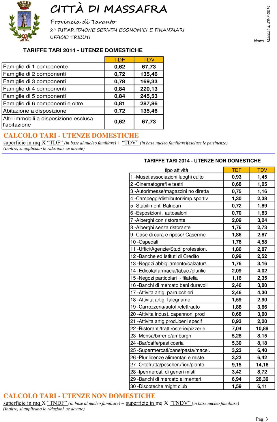 UTENZE DOMESTICHE superficie in mq X TDF (in base al nucleo familiare) + TDV (in base nucleo familiare)(escluse le pertinenze) (Inoltre, si applicano le riduzioni, se dovute) TARIFFE TARI 2014 -