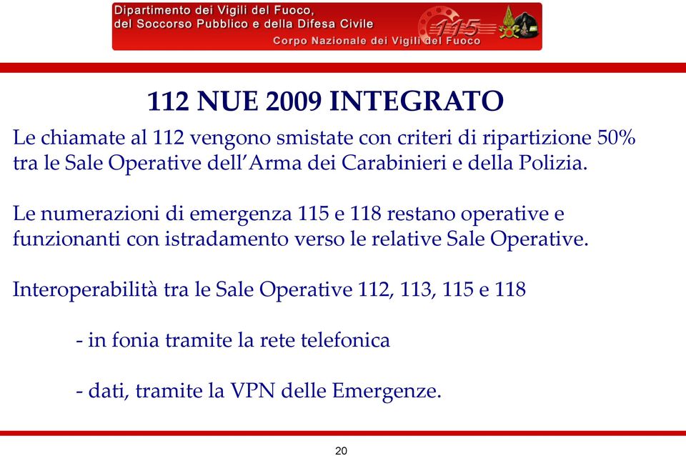 Le numerazioni di emergenza 115 e 118 restano operative e funzionanti con istradamento verso le