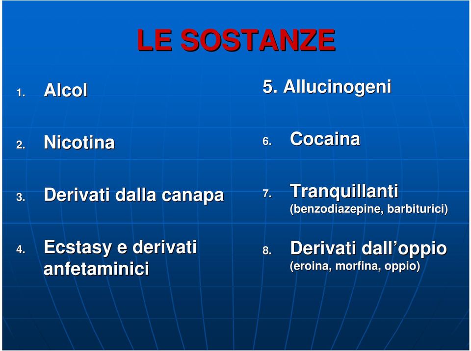 Ecstasy e derivati anfetaminici 5. Allucinogeni 6.