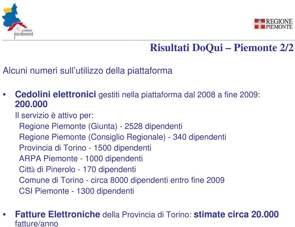 000 Il servizio è attivo per: Regione Piemonte (Giunta) - 2528 dipendenti Regione Piemonte (Consiglio Regionale) - 340 dipendenti