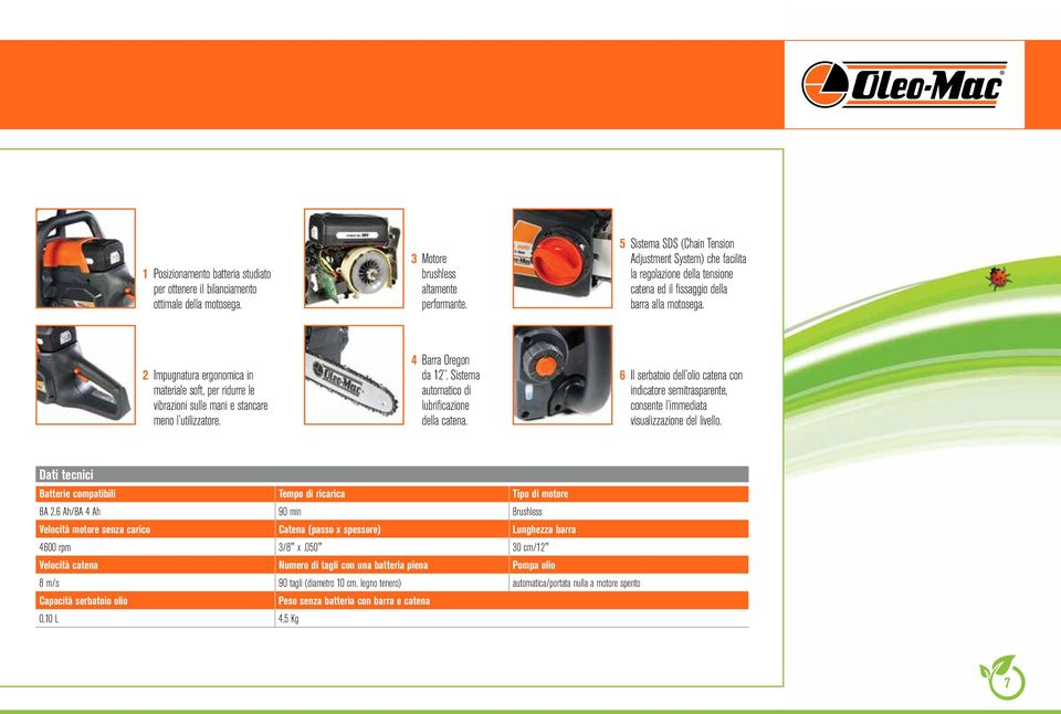 2 Impugnatura ergonomica in materiale soft, per ridurre le vibrazioni sulle mani e stancare meno l utilizzatore. 4 Barra Oregon da 12. Sistema automatico di lubrificazione della catena.