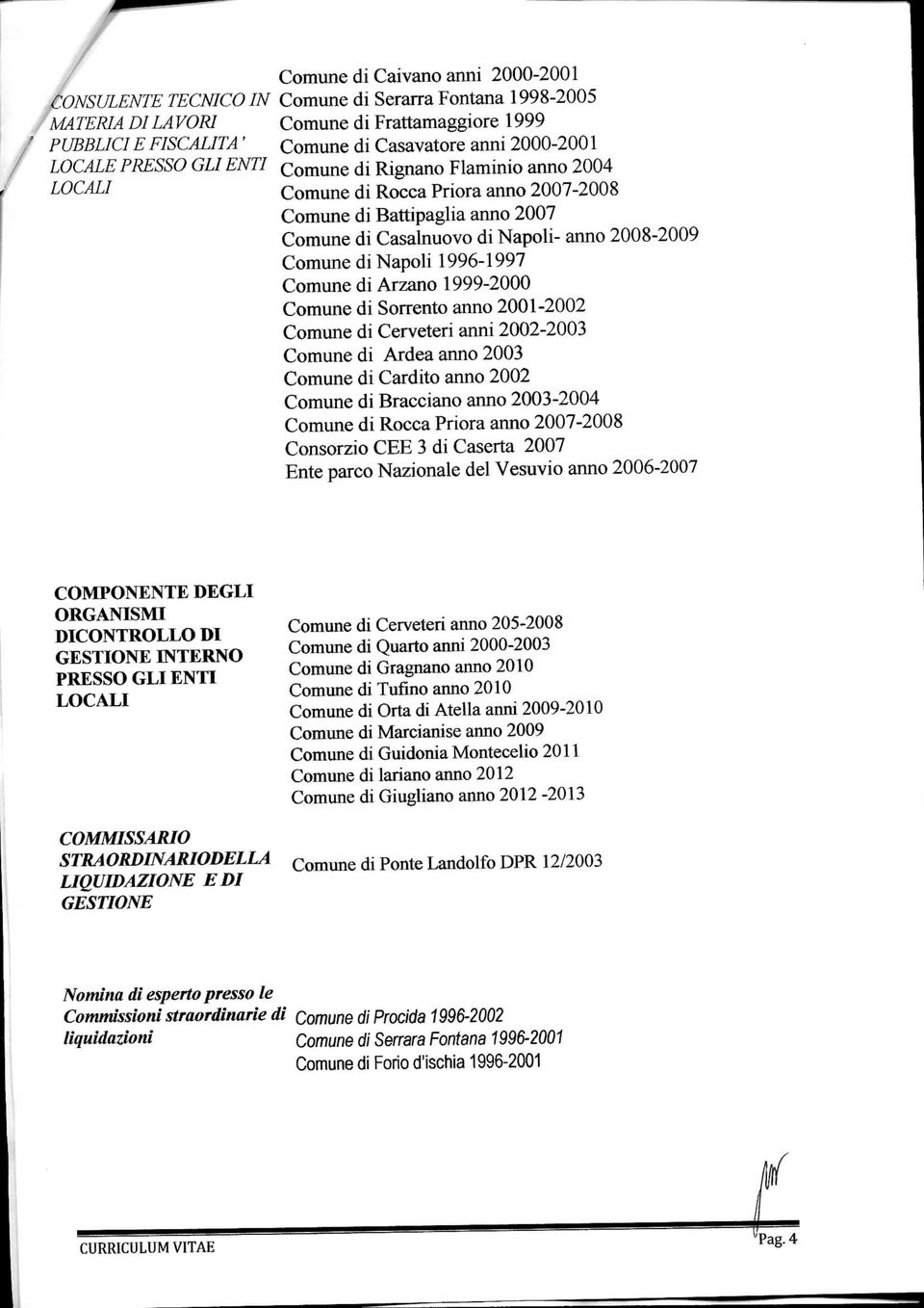 Napoli 1996-1997 Comune di Arzano 1999-2000 Comune di Sorrento anno 2001-2002 Comune di Cerveteri anni 2002-2003 Comune di Ardea anno 2003 Comune di Cardite anno 2002 Comune di Bracciano anno