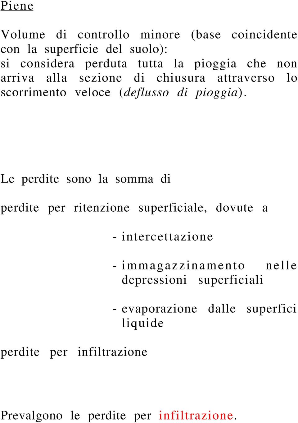 Le perdite sono la somma di perdite per ritenzione superficiale, dovute a perdite per infiltrazione -