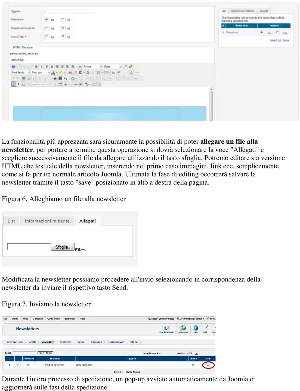 semplicemente come si fa per un normale articolo Joomla. Ultimata la fase di editing occorrerà salvare la newsletter tramite il tasto "save" posizionato in alto a destra della pagina. Figura 6.