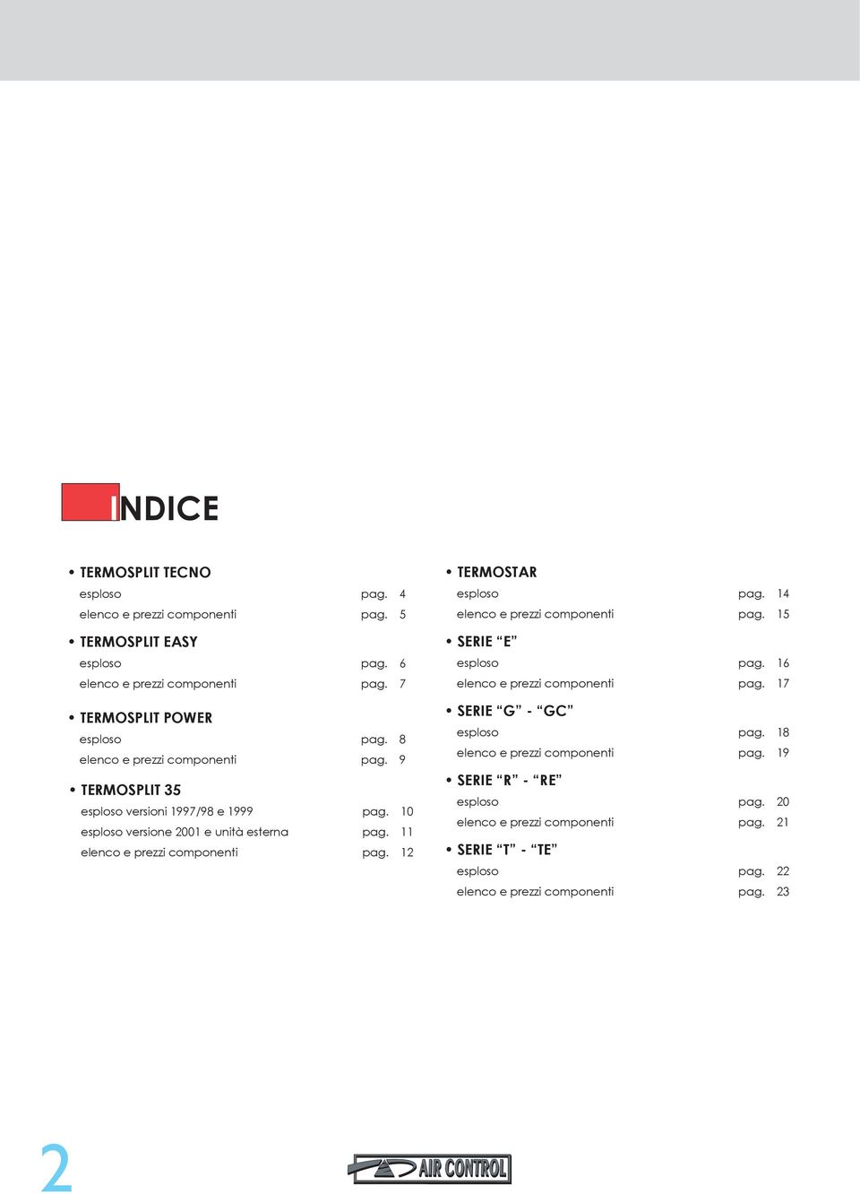 10 esploso versione 2001 e unità esterna pag. 11 elenco e prezzi componenti pag. 12 TERMOSTAR esploso pag. 14 elenco e prezzi componenti pag.