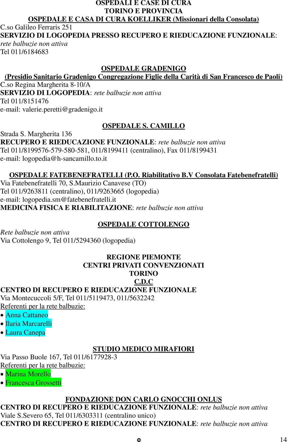 Paoli) C.so Regina Margherita 8-10/A SERVIZIO DI LOGOPEDIA: rete balbuzie non attiva Tel 011/8151476 e-mail: valerie.peretti@gradenigo.it OSPEDALE S. CAMILLO Strada S.