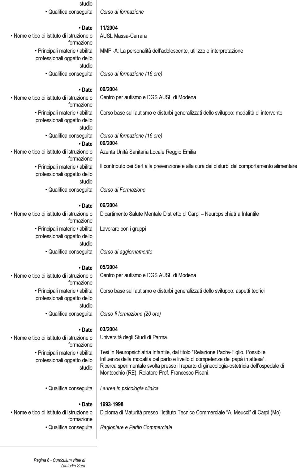 Corso di (16 ore) 06/2004 Nome e tipo di istituto di istruzione o Azenta Unità Sanitaria Locale Reggio Emilia Principali materie / abilità Il contributo dei Sert alla prevenzione e alla cura dei