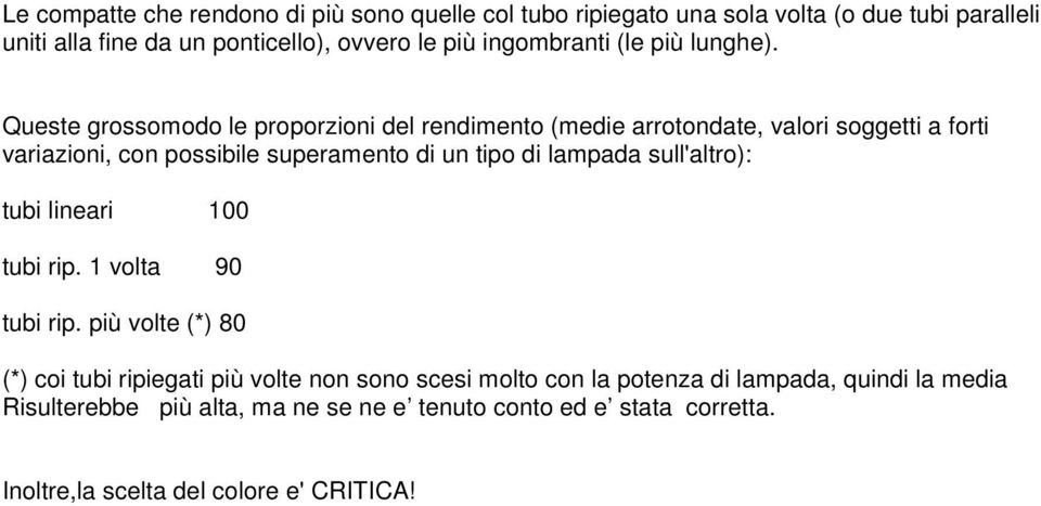 Queste grossomodo le proporzioni del rendimento (medie arrotondate, valori soggetti a forti variazioni, con possibile superamento di un tipo di lampada