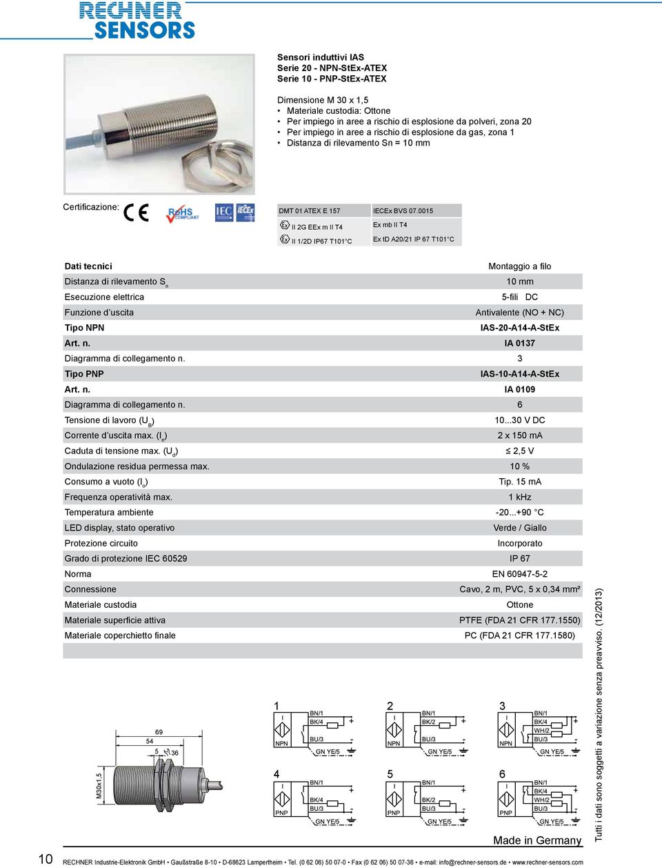 0015 II 2G EEx m II T4 II 1/2D IP67 T101 C Ex mb II T4 Ex td A20/21 IP 67 T101 C Montaggio a filo 10 mm 5-fili DC Funzione d uscita Antivalente (NO + NC NPN IAS-20-A14-A-StEx Art. n.