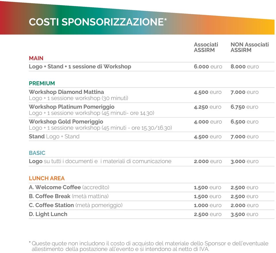 500 euro Logo + 1 sessione workshop (45 minuti - ore 15.30/16.30) Stand Logo + Stand 4.500 euro 7.000 euro BASIC Logo su tutti i documenti e i materiali di comunicazione 2.000 euro 3.