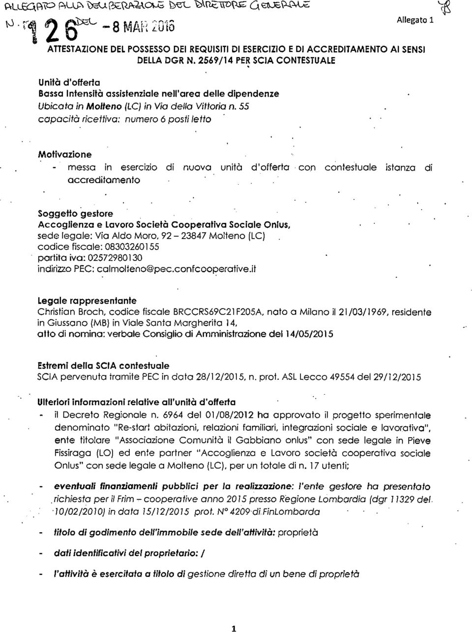 55 capacità ricettiva: numero 6 posti letto Motivazione - messa in esercizio di nuova unità d'offerta con contestuale istanza di accredifamenfo.