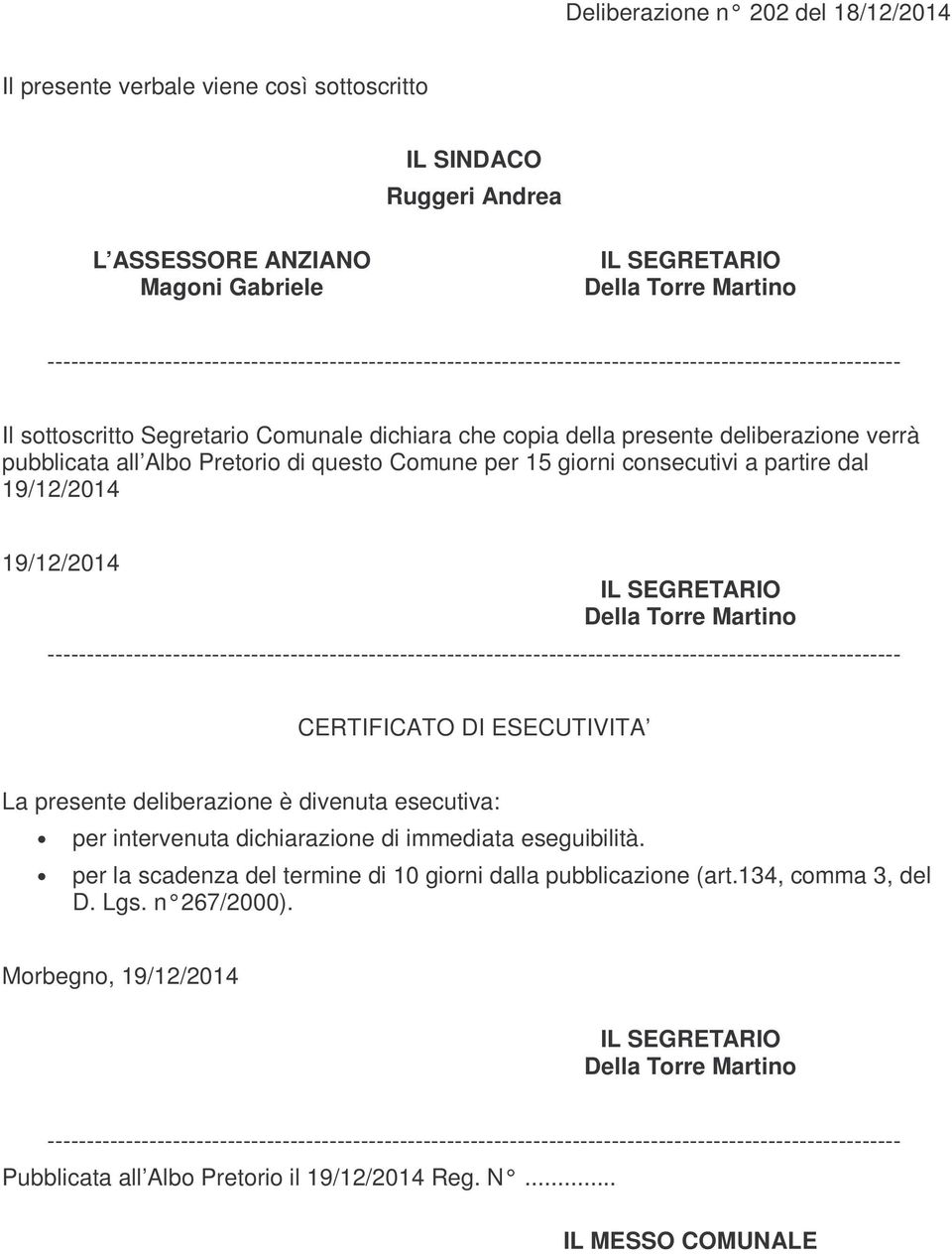 19/12/2014 19/12/2014 CERTIFICATO DI ESECUTIVITA La presente deliberazione è divenuta esecutiva: per intervenuta dichiarazione di immediata eseguibilità.