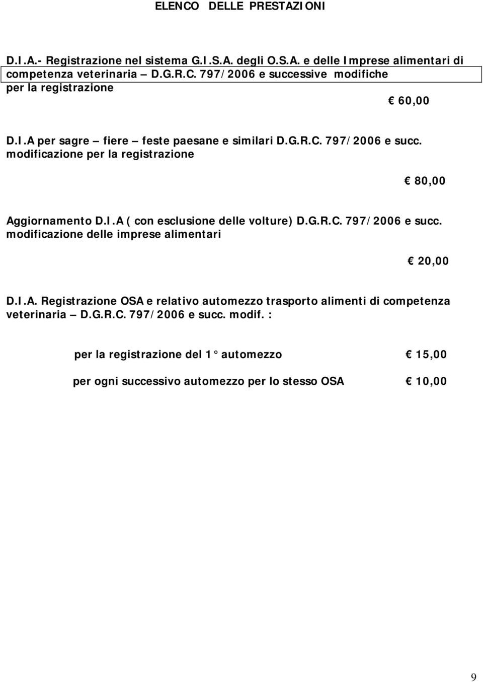 G.R.C. 797/2006 e succ. modificazione delle imprese alimentari 20,00 D.I.A. Registrazione OSA e relativo automezzo trasporto alimenti di competenza veterinaria D.G.R.C. 797/2006 e succ. modif. : per la registrazione del 1 automezzo 15,00 per ogni successivo automezzo per lo stesso OSA 10,00 9