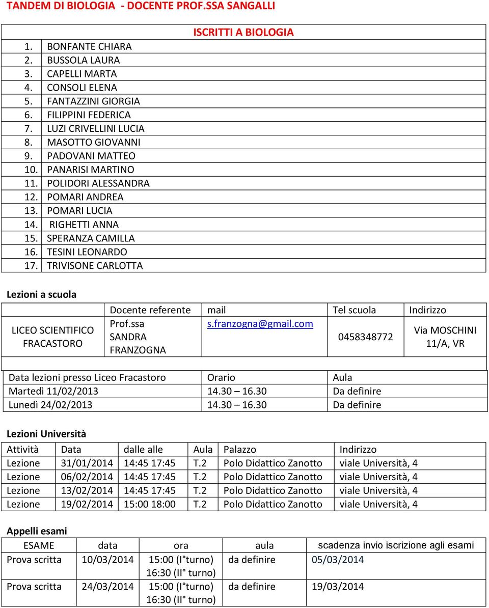 TRIVISONE CARLOTTA ISCRITTI A BIOLOGIA FRACASTORO Docente referente mail Tel scuola Indirizzo s.franzogna@gmail.