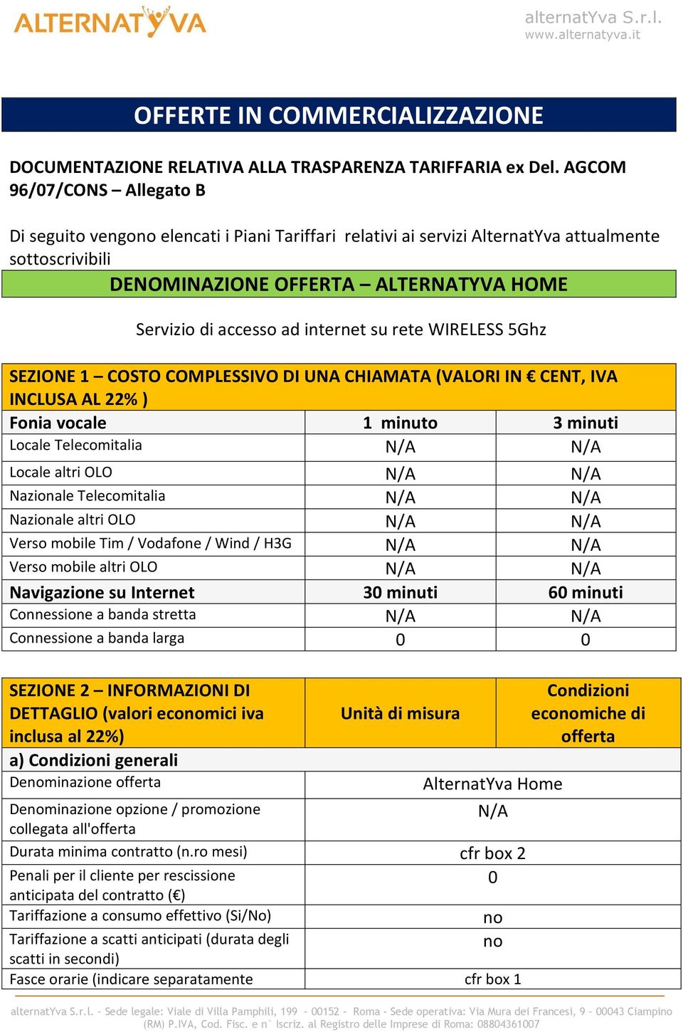 internet su rete WIRELESS 5Ghz SEZIONE 1 COSTO COMPLESSIVO DI UNA CHIAMATA (VALORI IN CENT, IVA INCLUSA AL 22% ) Fonia vocale 1 minuto 3 minuti Locale Telecomitalia Locale altri OLO Nazionale