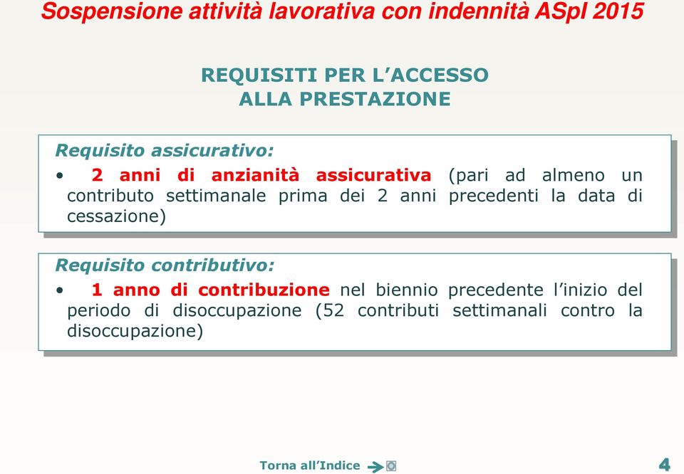 prima dei 2 anni precedenti la data di cessazione) Requisito contributivo: 1 anno di contribuzione nel