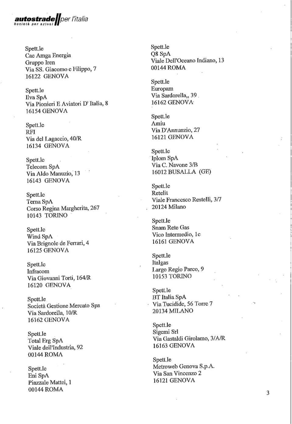 Navone 3/B Via Aldo Manuzio, 13 16012 BUSALLA (GE) 16143 GENOVA Retelit TemaSpA Viale Francesco Restelli, 3/7 Corso Regina Margherita, 267 20124 Milano 10143 TORINO Snam Rete Gas WindSpA Vico