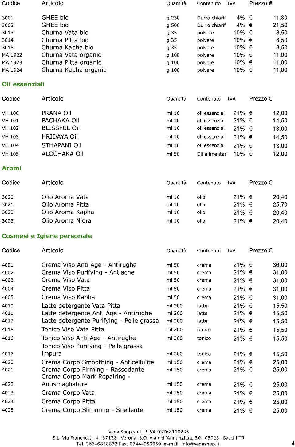 PRANA Oil ml 10 oli essenzial 21% 12,00 VH 101 PACHAKA Oil ml 10 oli essenzial 21% 14,50 VH 102 BLISSFUL Oil ml 10 oli essenzial 21% 13,00 VH 103 HRIDAYA Oil ml 10 oli essenzial 21% 14,50 VH 104