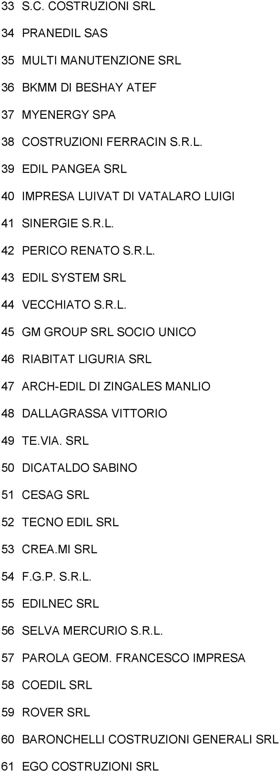 VIA. SRL 50 DICATALDO SABINO 51 CESAG SRL 52 TECNO EDIL SRL 53 CREA.MI SRL 54 F.G.P. S.R.L. 55 EDILNEC SRL 56 SELVA MERCURIO S.R.L. 57 PAROLA GEOM.