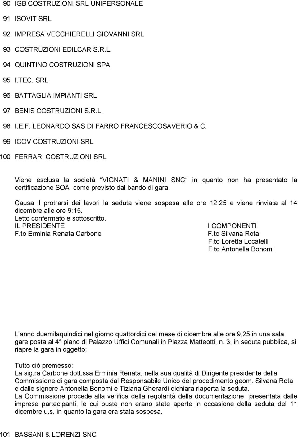 99 ICOV COSTRUZIONI SRL 100 FERRARI COSTRUZIONI SRL Viene esclusa la società VIGNATI & MANINI SNC in quanto non ha presentato la certificazione SOA come previsto dal bando di gara.