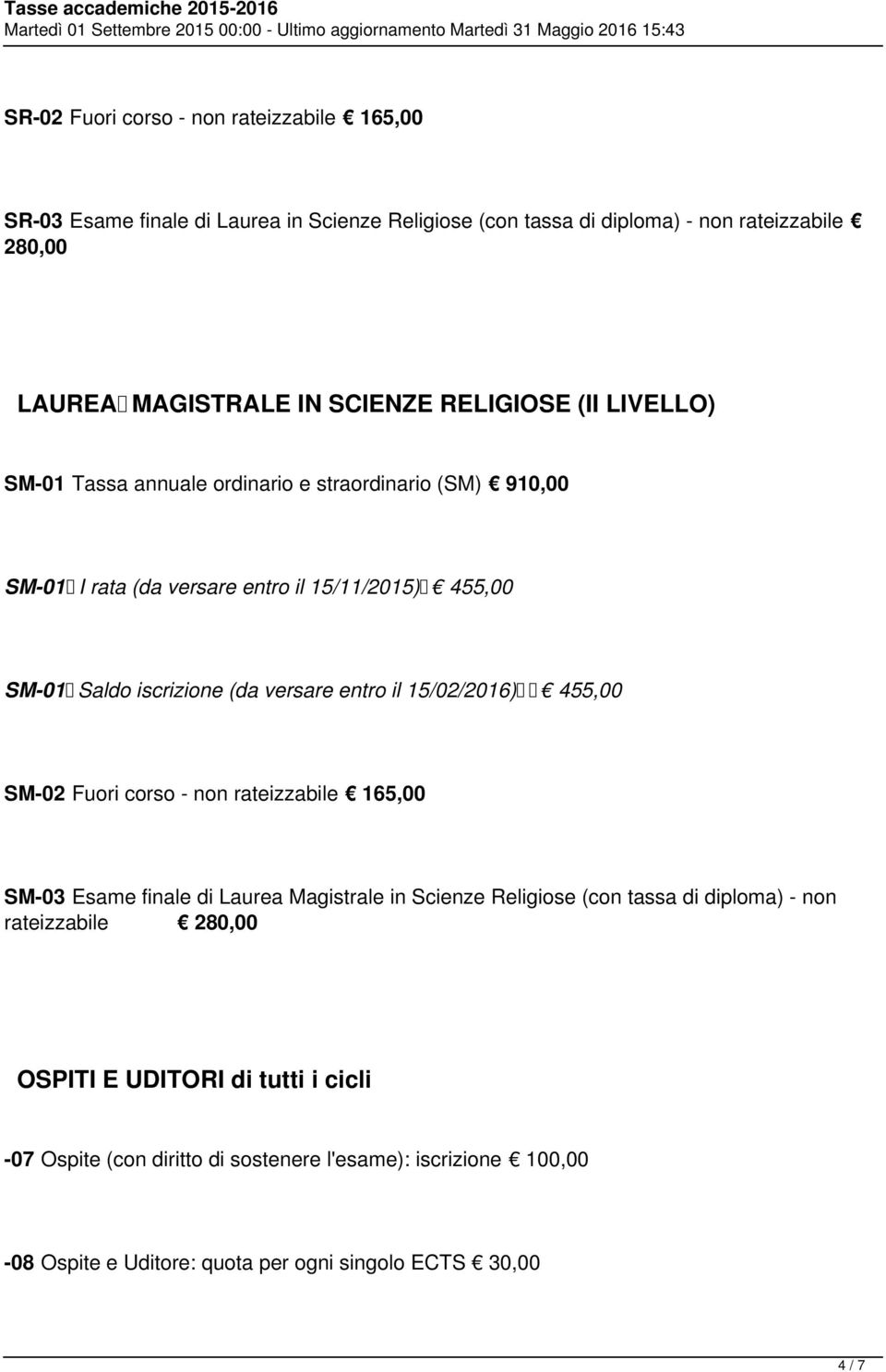 versare entro il 15/02/2016) 455,00 SM-02 Fuori corso - non rateizzabile 165,00 SM-03 Esame finale di Laurea Magistrale in Scienze Religiose (con tassa di diploma) - non