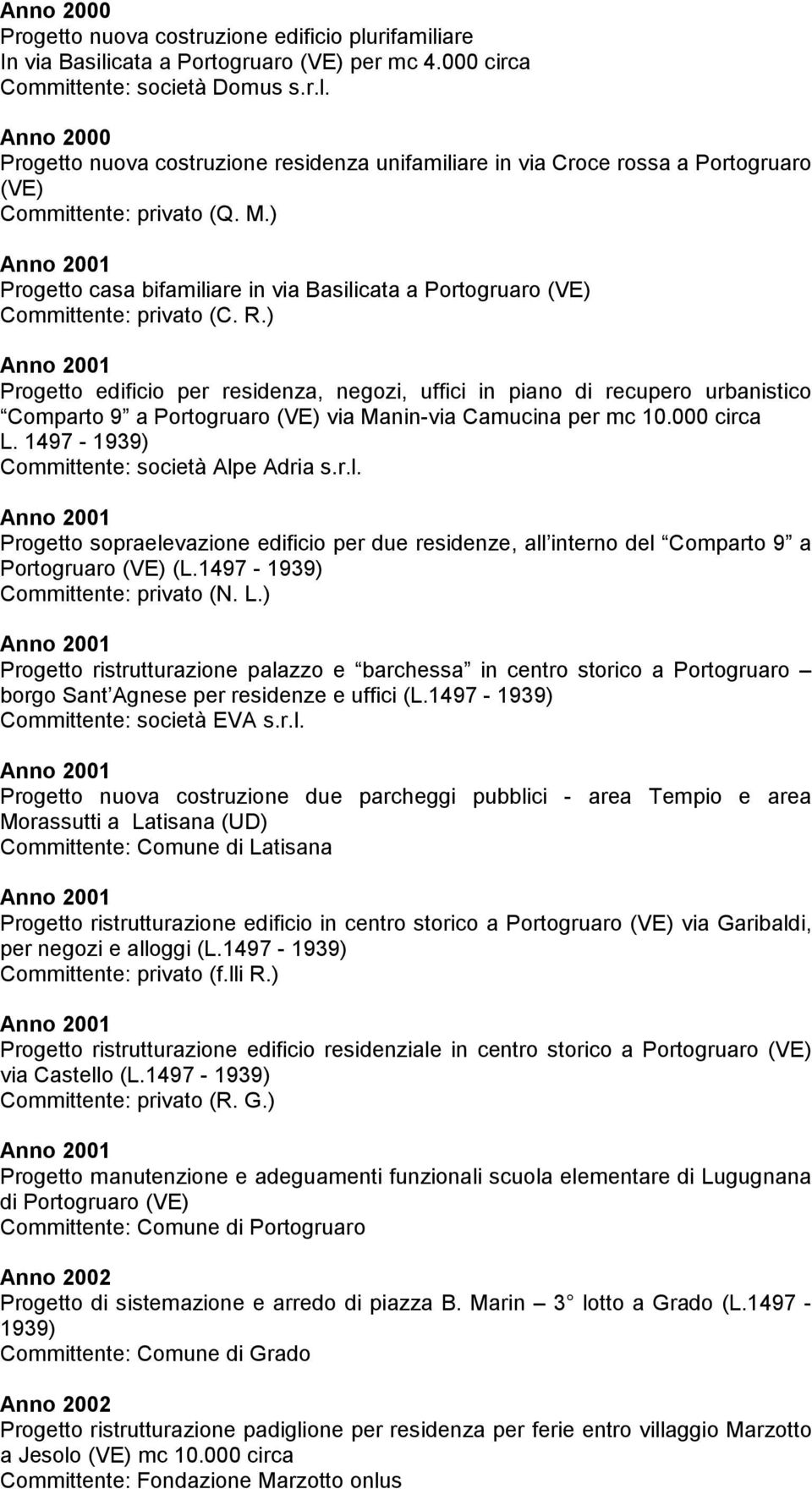 ) Anno 2001 Progetto edificio per residenza, negozi, uffici in piano di recupero urbanistico Comparto 9 a Portogruaro (VE) via Manin-via Camucina per mc 10.000 circa L.