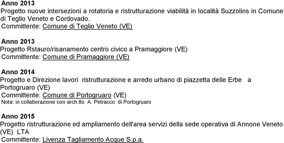 2014 Progetto e Direzione lavori ristrutturazione e arredo urbano di piazzetta delle Erbe a Portogruaro (VE) (VE) Nota: in collaborazione con arch.tto A.