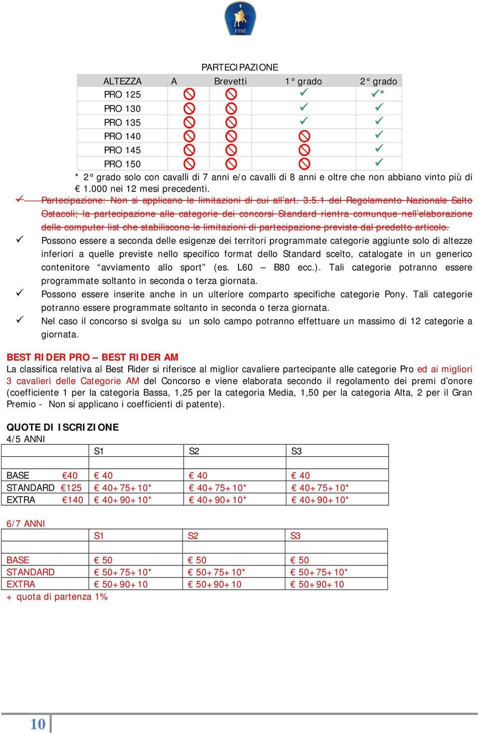 1 del Regolamento Nazionale Salto Ostacoli; la partecipazione alle categorie dei concorsi Standard rientra comunque nell elaborazione delle computer list che stabiliscono le limitazioni di