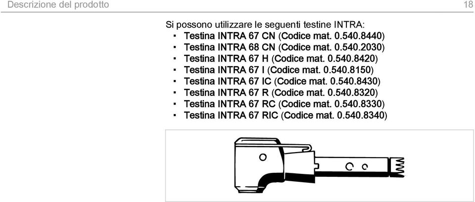 0.540.8150) Testina INTRA 67 IC (Codice mat. 0.540.8430) Testina INTRA 67 R (Codice mat. 0.540.8320) Testina INTRA 67 RC (Codice mat.