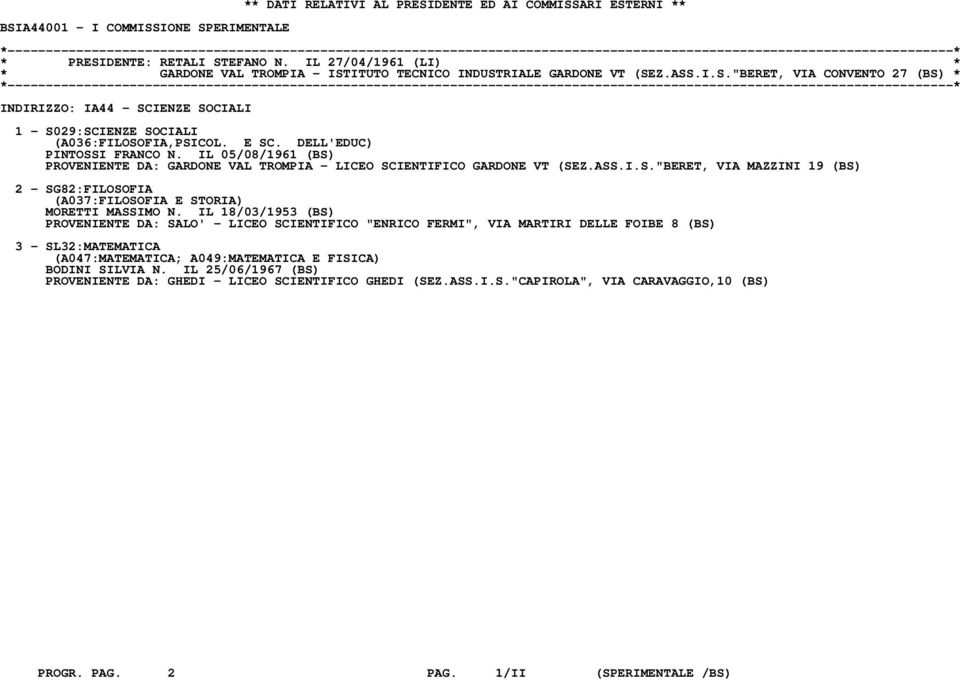 E SC. DELL'EDUC) PINTOSSI FRANCO N. IL 05/08/1961 (BS) PROVENIENTE DA: GARDONE VAL TROMPIA - LICEO SCIENTIFICO GARDONE VT (SEZ.ASS.I.S."BERET, VIA MAZZINI 19 (BS) 2 - SG82:FILOSOFIA (A037:FILOSOFIA E STORIA) MORETTI MASSIMO N.