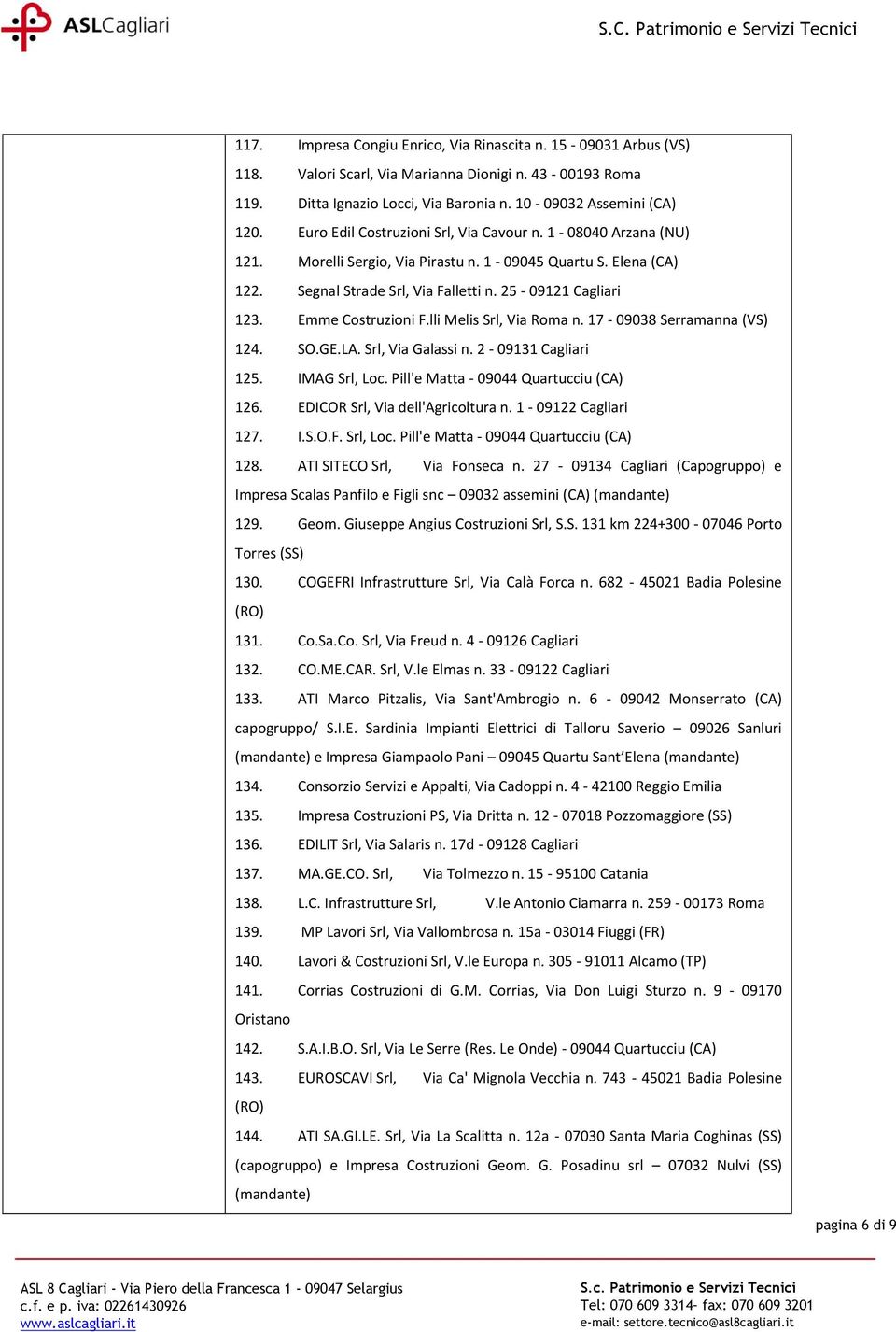 Emme Costruzioni F.lli Melis Srl, Via Roma n. 17-09038 Serramanna (VS) 124. SO.GE.LA. Srl, Via Galassi n. 2-09131 Cagliari 125. IMAG Srl, Loc. Pill'e Matta - 09044 Quartucciu (CA) 126.