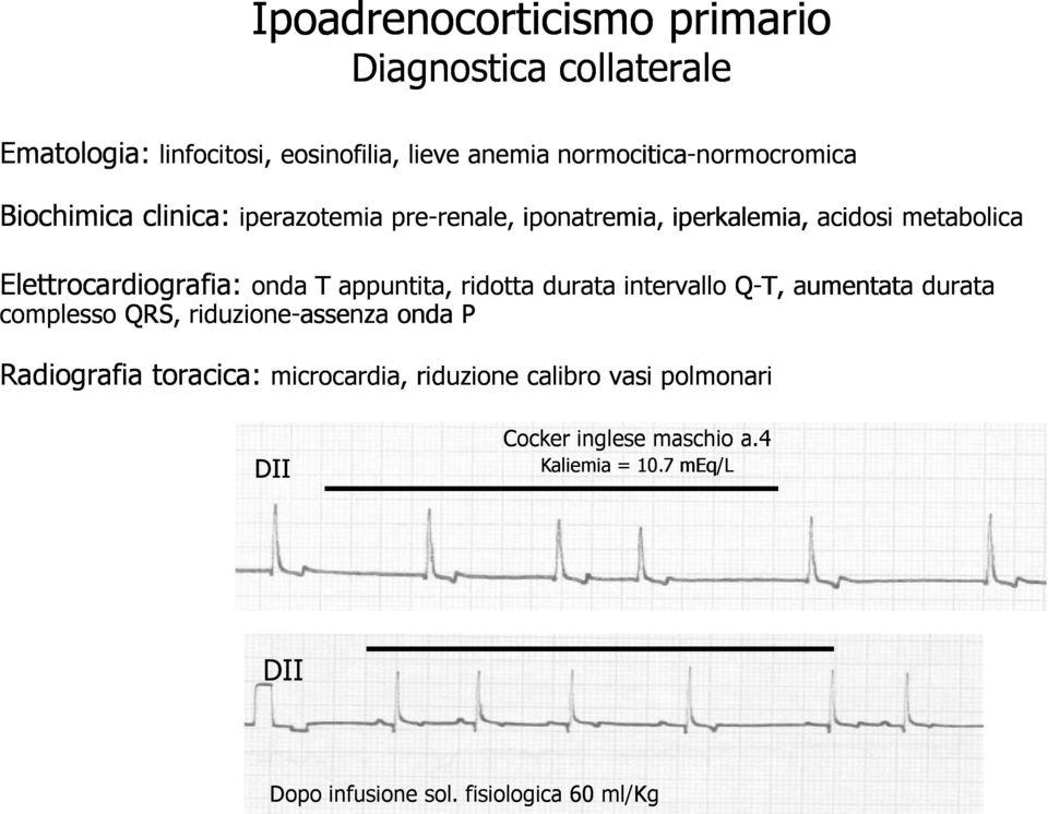Q-T, aumentata durata complesso QRS, riduzione-assenza onda P Radiografia toracica: microcardia Ipoadrenocorticismo primario Diagnostica