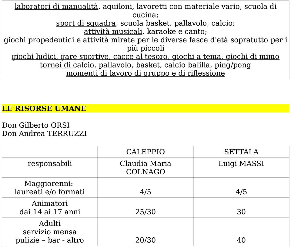 tornei di calcio, pallavolo, basket, calcio balilla, ping/pong momenti di lavoro di gruppo e di riflessione LE RISORSE UMANE Don Gilberto ORSI Don Andrea TERRUZZI