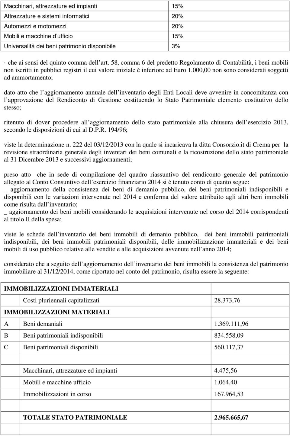 000,00 non sono considerati soggetti ad ammortamento; dato atto che l aggiornamento annuale dell inventario degli Enti Locali deve avvenire in concomitanza con l approvazione del Rendiconto di