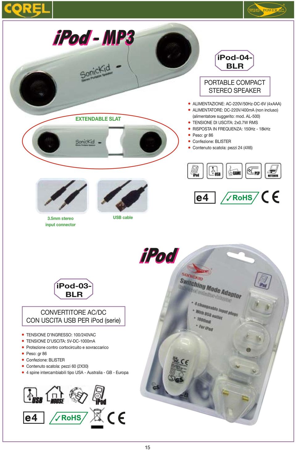 5mm stereo input connector USB cable ipod-03- BLR CONVERTITORE AC/DC CON USCITA USB PER ipod (serie) TENSIONE D INGRESSO: 100/20VAC TENSIONE D USCITA: